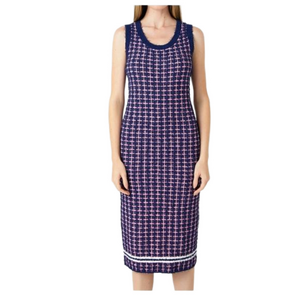 Anthropologie Endless Rose Med Check Sleeveless Boucle Sweater Dress Navy Pink